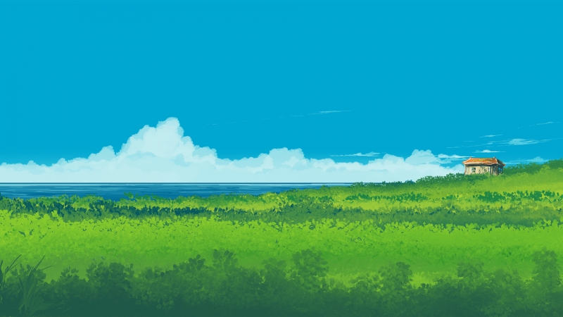 插图 风景 自然 云彩 大海 田野 房子 清新 壁纸 