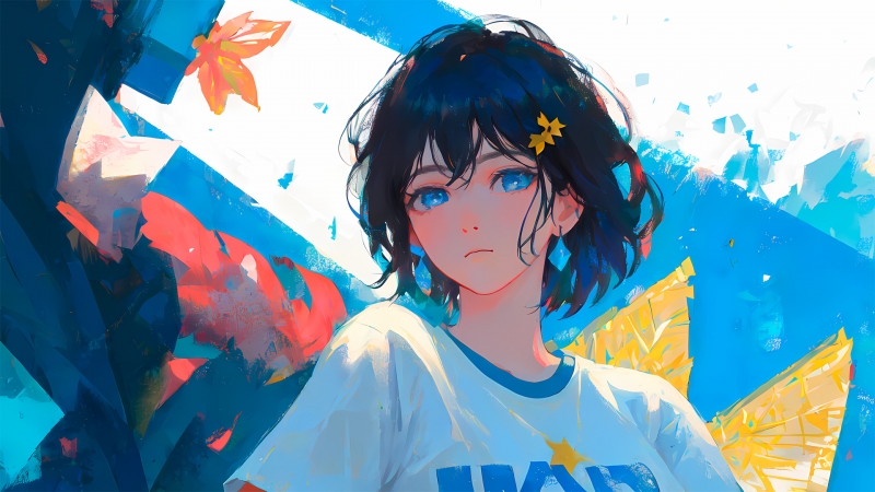 动漫女孩 蓝色眼睛 黑色头发 T恤 树叶 壁纸